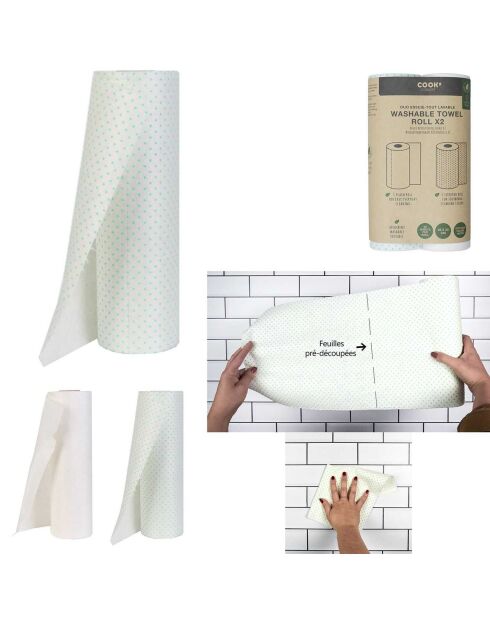 2 Rouleaux essuie tout réutilisables blanc - 8x28x8 cm