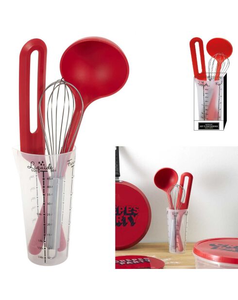 3 Utensiles avec verre doseur rouge/transparent - 8x33x9 cm