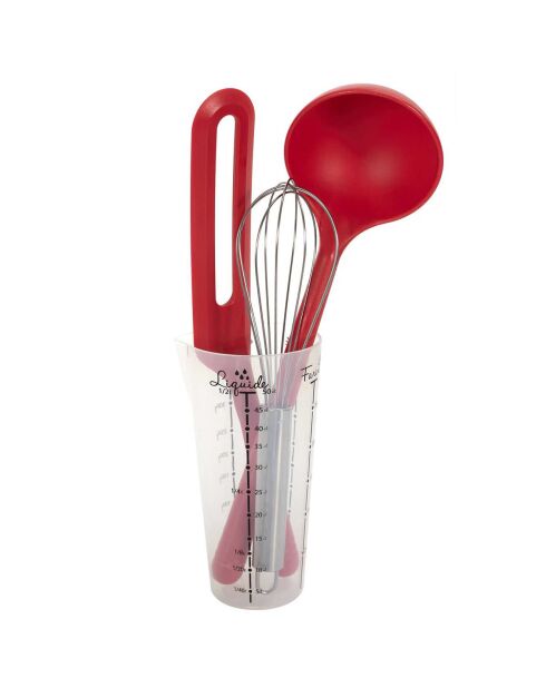 3 Utensiles avec verre doseur rouge/transparent - 8x33x9 cm