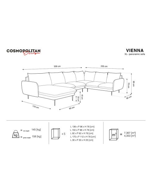 Défectueux - Canapé d'angle panoramique droit en Velours Vienna bleu foncé - 330x235x95 cm