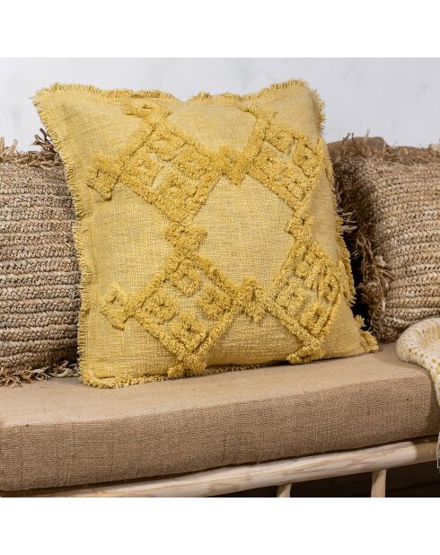 Coussin tissé frangé Candido jaune - 45x45 cm