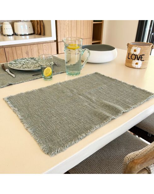 4 Sets de table en Lin mélangé frangés Anoki verts - 38x54 cm