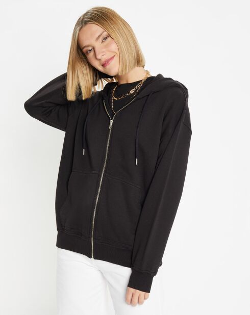 Sweat zippé en Coton bio Mathalie à capuche noir