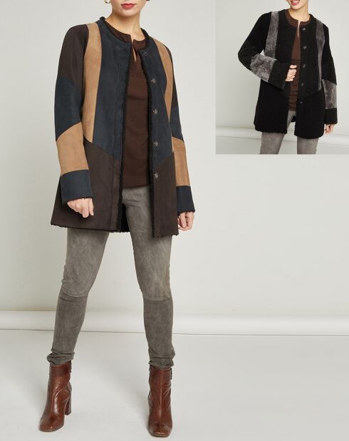 Manteau réversible en peau retournée 100% Mouton Lucarne chocolat/taupe/noir