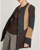 Manteau réversible en peau retournée 100% Mouton Lucarne chocolat/taupe/noir