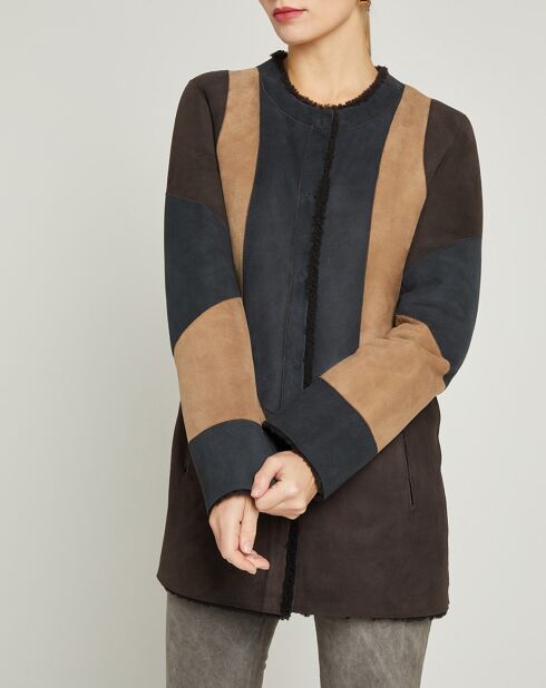 Manteau réversible en peau retournée 100% Mouton Lucarne chocolat/taupe/noir
