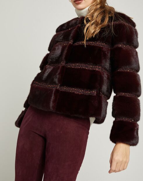 Chaqueta de piel de visón con forro de seda reflectante burdeos