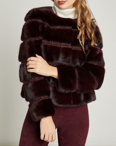 Chaqueta de piel de visón con forro de seda reflectante burdeos