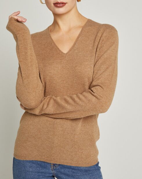 Pull 100% Cachemire col V Sonia beige chiné