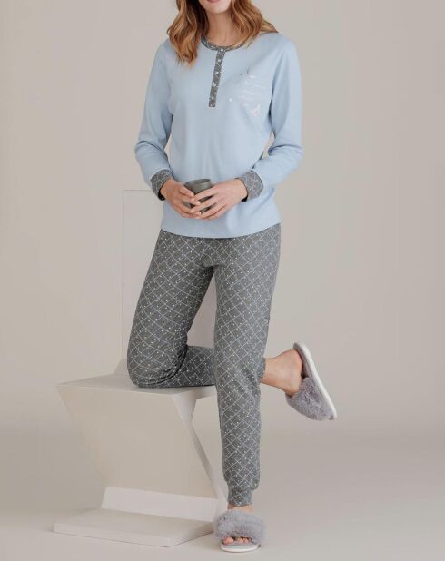 Pyjama à manches longues & pantalon bleu clair/gris