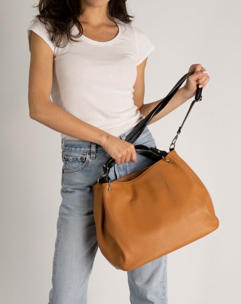 Sac à main en Cuir cognac/noir - 33x16x28 cm