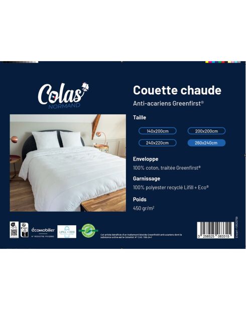 Couette Chaude Anti acariens Greenfirst  blanche - 260x240 cm