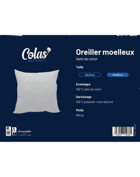 Oreiller moelleux Luxe satin de coton blanc - 60x60 cm