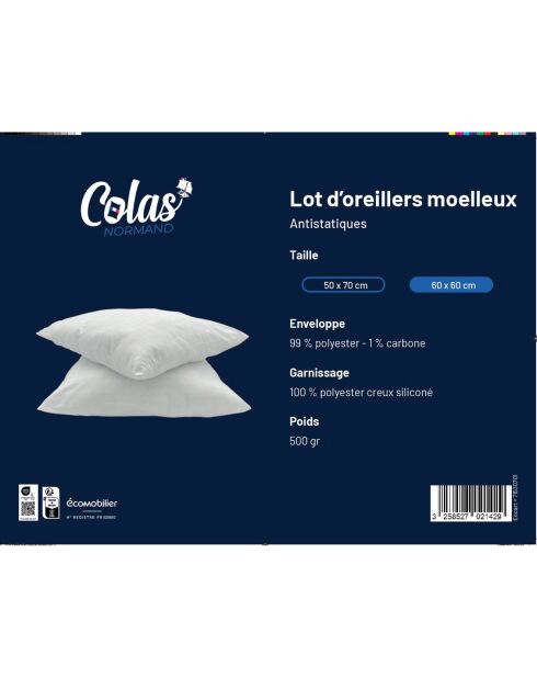 2 Oreillers moelleux anti-Static Moelleux blancs - 60x60 cm