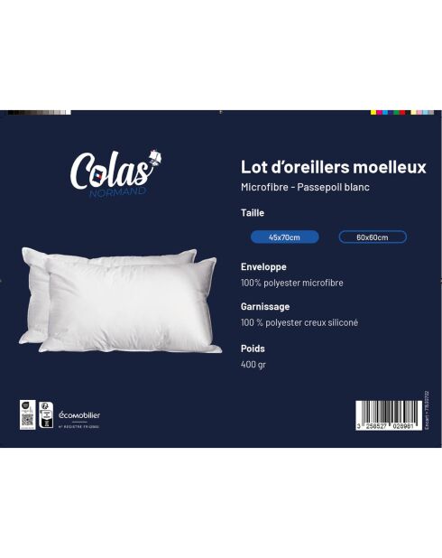 2 Oreillers Moelleux  Microfibre blancs - 45x70 cm