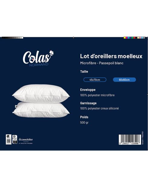 2 Oreillers moelleux Microfibre Passepoil blancs - 60x60 cm