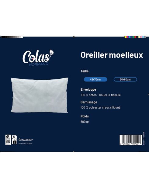 Oreiller Médium Flanelle blanc - 45x70 cm
