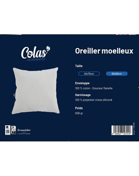 Oreiller Médium Flanelle blanc - 60x60 cm