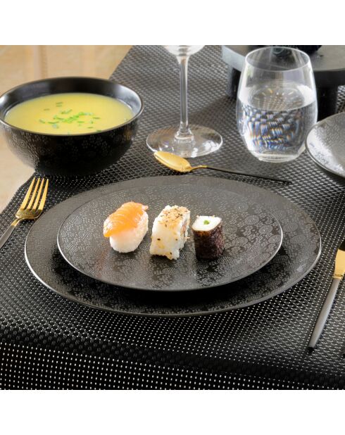 6 schwarze japanische Speiseteller aus Steinzeug, D.27 cm