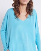 Pull poncho 100% Cachemire col V turquoise infini