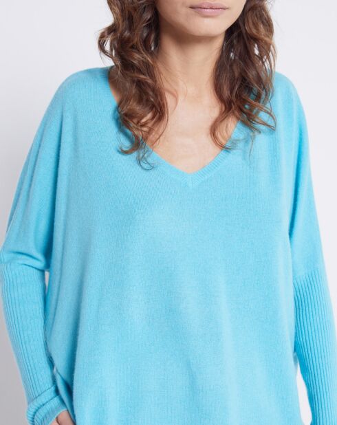 Pull poncho 100% Cachemire col V turquoise infini