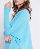 Pull poncho 100% Cachemire col V turquoise infini