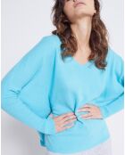 Pull poncho 100% Cachemire col V turquoise infini