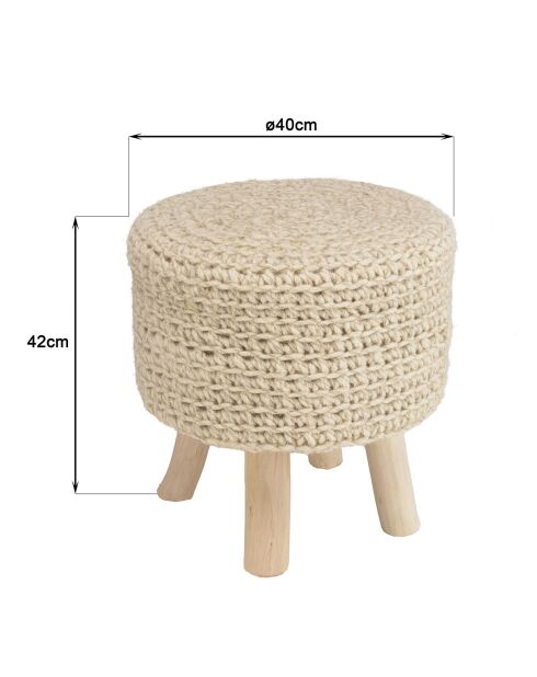 Tabouret rond en Laine tressée Sacha ivoire - D.40x42 cm