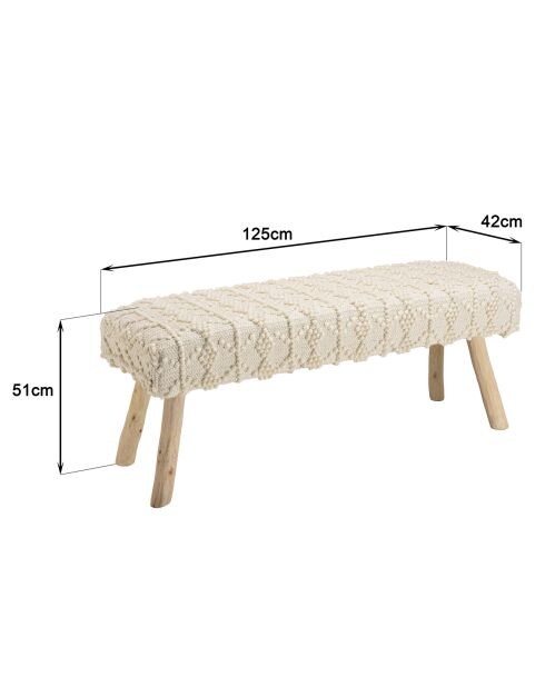 Banc en Laine motifs losanges Sacha ivoire - 125x42x51 cm