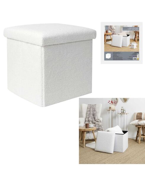 Coffre Pouf Pliable Bouclette blanc - 38x38x38 cm
