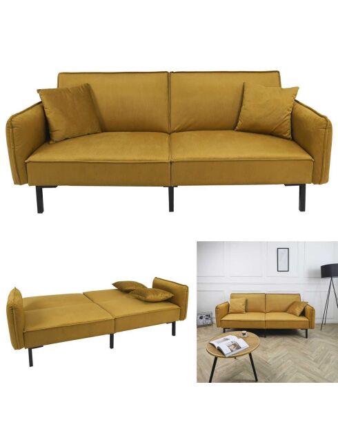 Canapé Convertible en Velours Giulia jaune - 198x83x90 cm