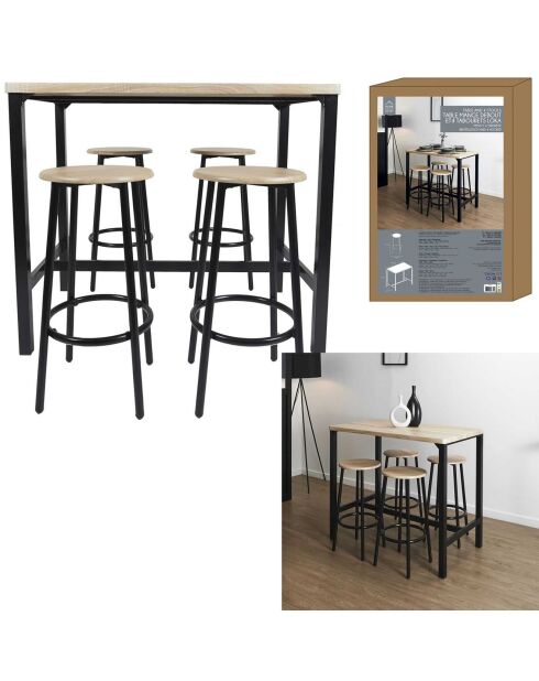 Table Mange debout + 4 Tabourets Loka marron/noir - 100x60x86 cm