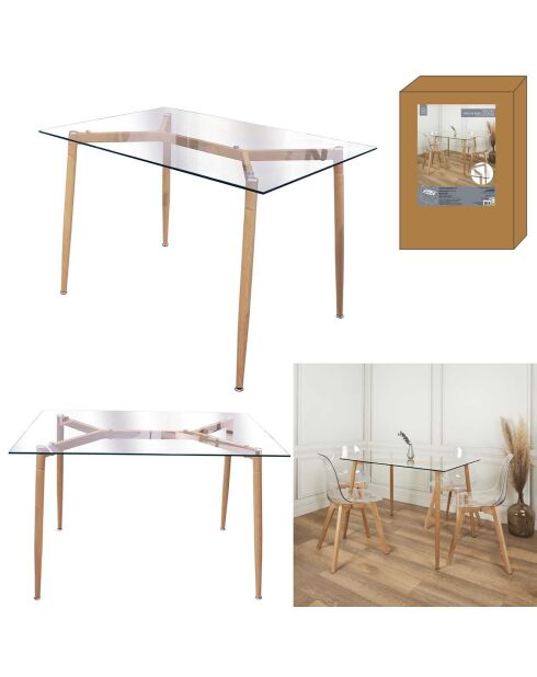 Table en Verre Pieds Métal Effet Bois transparent/beige - 115x75x75 cm