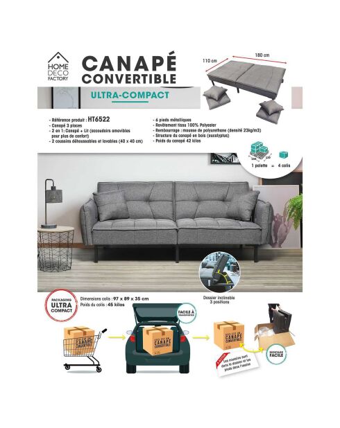 Canapé Convertible gris/vert - 197x90x84 cm