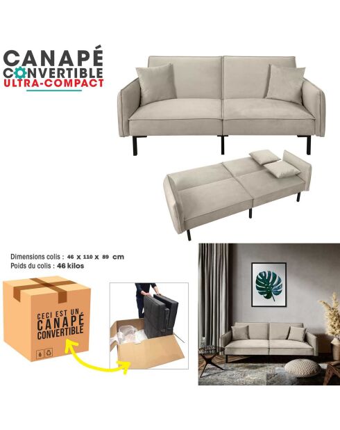 Canapé Convertible en Velours 2 Coussins gris taupe - 198x90x83 cm