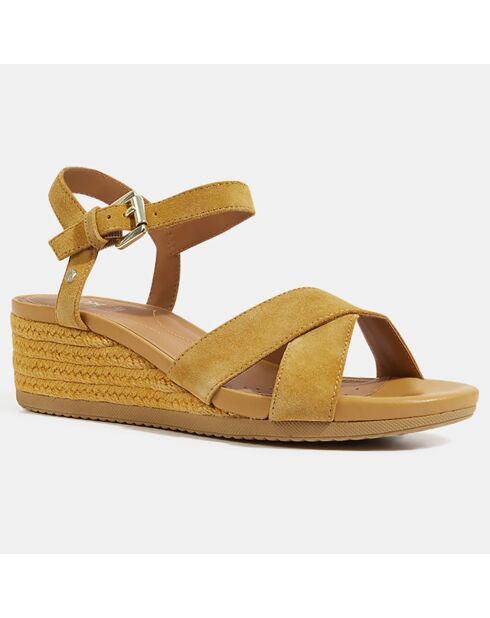 Dunkelgelbe Keilsandalen Ischia aus Samtleder - 6,5 cm Absatz