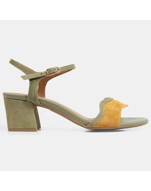 Eraklia Ledersandalen aus Samt in Grün/Gelb - 5 cm Absatz