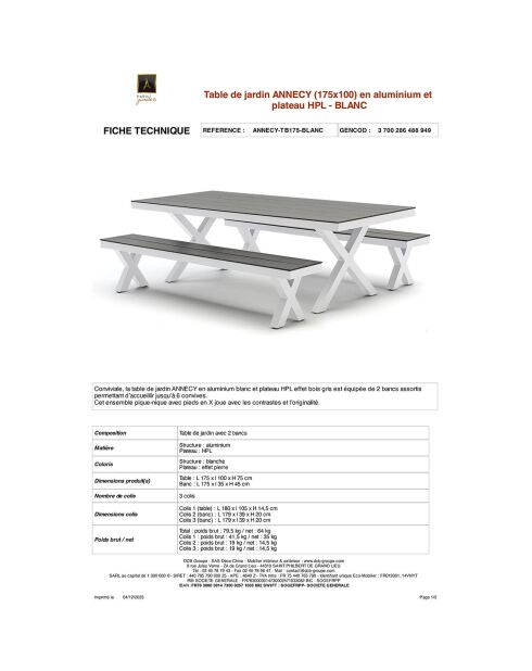 Set de mesa de jardín ANNECY de aluminio con tapa de HPL blanca