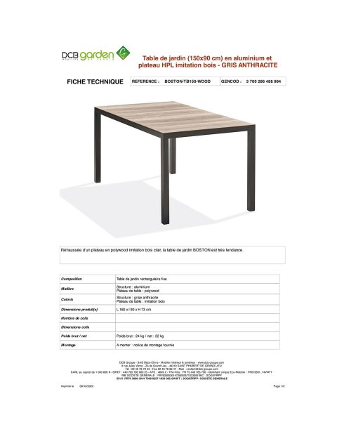 BOSTON Gartentisch aus Aluminium und Polywood-Platte mit anthrazitgrauer Holzoptik - 150x90x73 cm