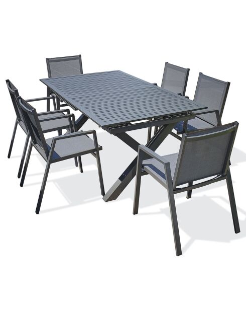 Gartenset FLORIDE Tisch mit Verlängerung + 6 anthrazitgraue stapelbare Sessel