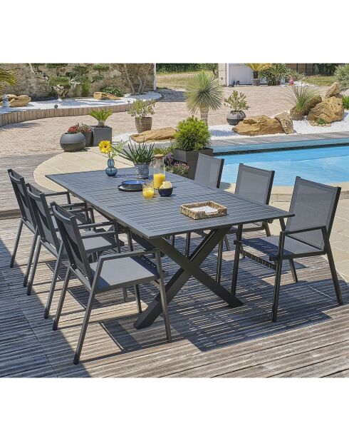 Gartenset FLORIDE Tisch mit Verlängerung + 6 anthrazitgraue stapelbare Sessel