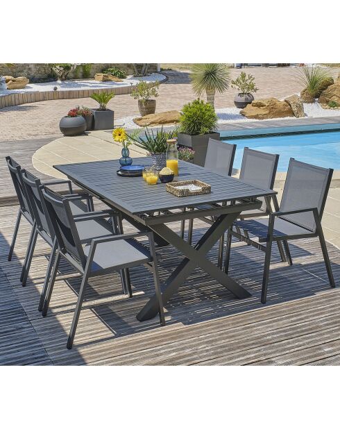 Gartenset FLORIDE Tisch mit Verlängerung + 6 anthrazitgraue stapelbare Sessel