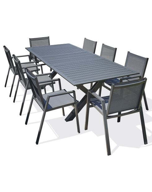 Gartenset FLORIDE Tisch mit Verlängerung + 8 stapelbare Sessel Anthrazitgrau