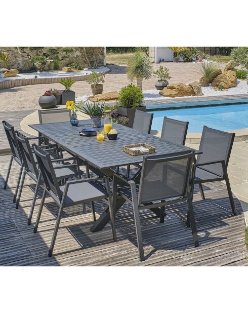 Gartenset FLORIDE Tisch mit Verlängerung + 8 stapelbare Sessel Anthrazitgrau