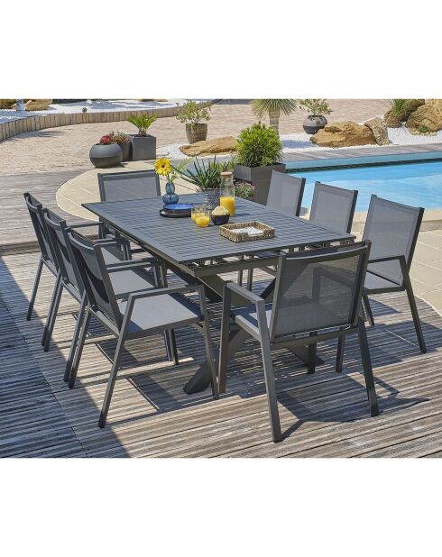 Gartenset FLORIDE Tisch mit Verlängerung + 8 stapelbare Sessel Anthrazitgrau