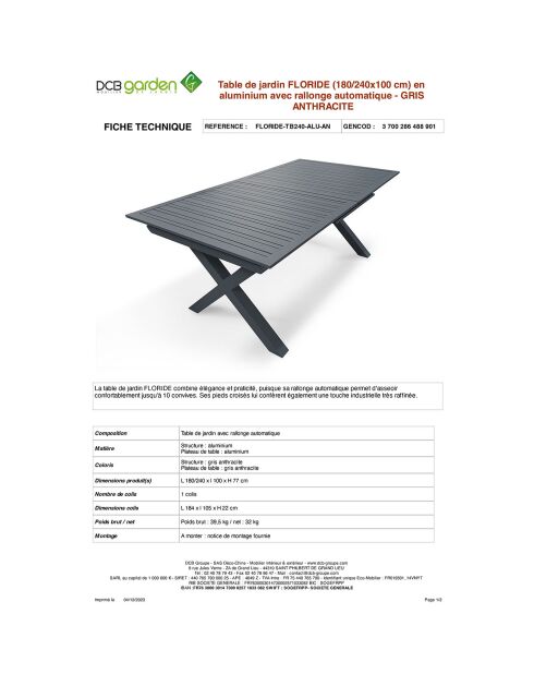 Gartenset FLORIDE Tisch mit Verlängerung + 8 stapelbare Sessel Anthrazitgrau