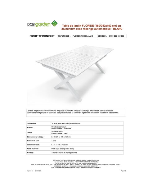 Tavolo da giardino Florida in alluminio con prolunga bianca - 180/240x100x77 cm