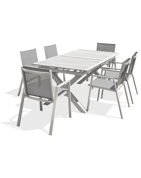 FLORIDE Gartengarnitur mit Verlängerung+6 weiße stapelbare Sessel