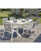 FLORIDE Gartengarnitur mit Verlängerung+6 weiße stapelbare Sessel