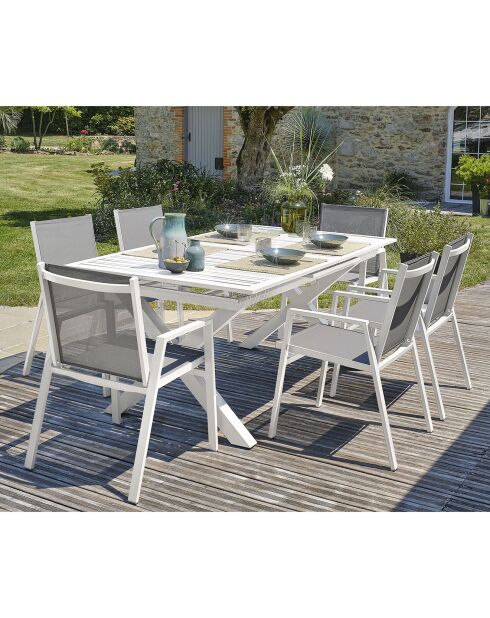 FLORIDE Gartengarnitur mit Verlängerung+6 weiße stapelbare Sessel
